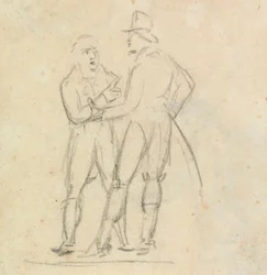Étude de deux hommes debout, en conversation