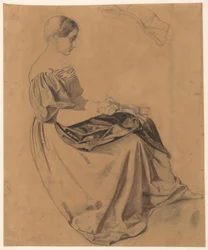 Fille assise avec une lettre; la lettre répétée en haut