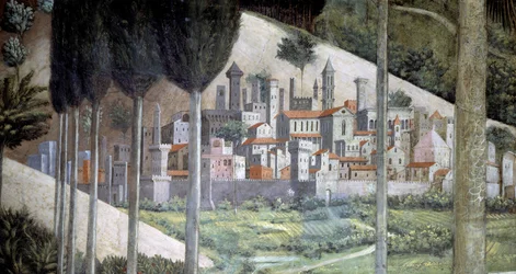 Ville médiévale, détail du cycle du Voyage des Mages dans la chapelle, vers 1460 (fresque)