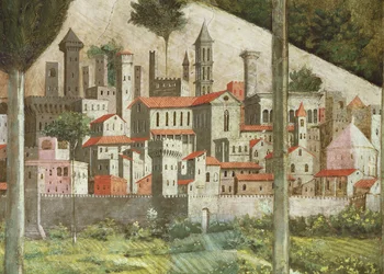 Ville médiévale, détail du cycle du Voyage des Mages dans la chapelle, détail de fresque, vers 1460, 70610