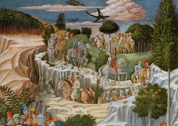 Procession à cheval descendant une colline (détail du cycle du Voyage des Mages dans la chapelle)
