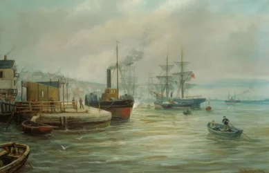Un bateau à vapeur à aubes et autres navires