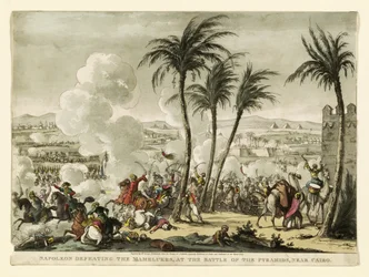 Napoléon défaisant les Mamelouks à la Bataille des Pyramides, près du Caire, gravé par George Cruikshank