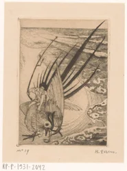 Figure assise sur un faisan sur la plage