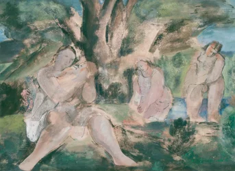 Trois femmes et un enfant se baignant sous un arbre