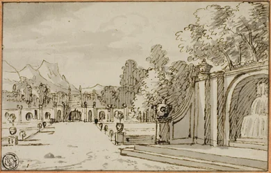 Jardin à la française avec fontaine au premier plan