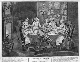 Judaïsme : Fête de Pâque (ou Pessah) dans la communauté juive portugaise Gravure de "Illustration des cérémonies et coutumes religieuses de tous les peuples du monde" par Bernard Picart (1723-1743) 1819 Collection privée