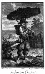 Représentation de Robinson Crusoé sur son île déserte. Gravure par Bernard Picart illustrant le roman de Daniel Defoe