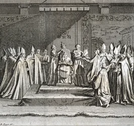Inauguration solennelle du pontificat : « Représentation du couronnement du pape » (inauguration papale : le couronnement du pape). Gravure tirée de l