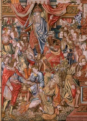 Tapisserie flamande. Série Les Honneurs. Noblesse. Quatrième tapisserie de la série. Modèle Cercle de Bernard van Orley et Jan Gossaert (Mabuse). Manufacture Pieter van Aelst, Bruxelles. Vers 1550. Tissu Or, argent, soie et laine.