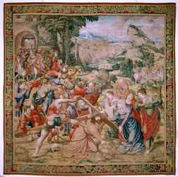 Tapisserie flamande. Série La Passion du Christ. Chute sur le chemin du Calvaire. Deuxième tapisserie de la série. Modèles Cartonniste Bernard van Orley. Manufacture Pieter de Pannemaker, Bruxelles. Vers 1518-1523. Tissu Or, argent,