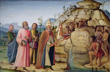 Clément frappant le rocher sous le Saint Agneau (huile sur lin sur panneau)