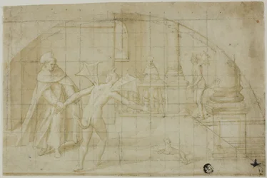 Conception pour une lunette : Diables et saint dans un monastère