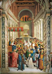 Italie, Sienne, cathédrale, bibliothèque Piccolomini, Couronnement du pape Pie II, détail des Histoires de Pie II