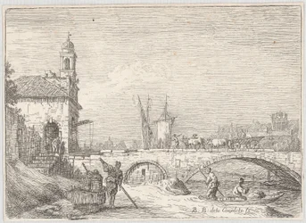 Capriccio avec un pont et un bâtiment de porte à la manière de la Porta Portello de Padoue