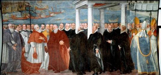 Le Doge de Gênes Giacomo Durazzo Grimaldi (vers 1503-1579) accueille le cardinal Giovanni Morone au port de Gênes Fresque par Bernardo Castello (1557-1629) 16ème siècle Gênes, Museo di Sant 