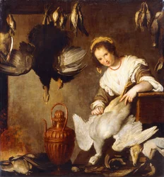 La Cuoca - Une cuisinière plumant une oie dans un intérieur
