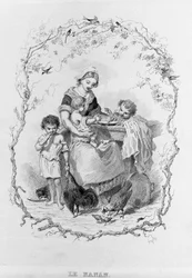 La nanan : une jeune mère donne à manger à ses trois enfants dans "La Physiologie du Goût" par Brillat-Savarin illustré par Bertal. Paris 1840. Jean Anthelme Brillat-Savarin (1755-1826) gastronome français
