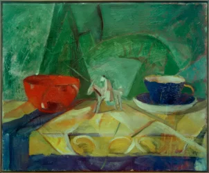 Nature morte avec tasse bleue et bol rouge