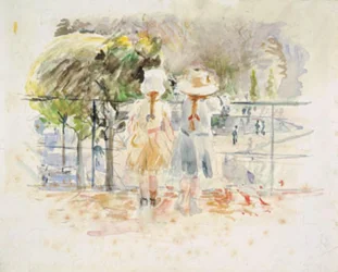 Deux petites filles à une balustrade au bord du lac dans le Jardin des Tuileries, Paris