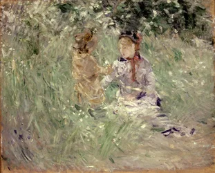 Femme et enfant dans un pré à Bougival