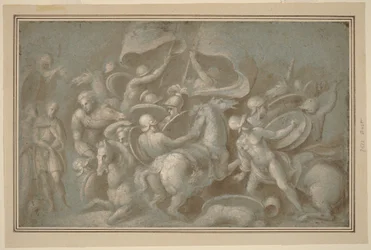Scène de bataille (pinceau et lavis brun avec gouache blanche sur craie noire sur papier bleu)