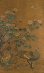 Paon et roses trémières, milieu du XIVe siècle