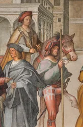 Nef centrale, Première travée nord, Rencontre de Saint Joachim et Sainte Anne à la Porta Aurea, Boccaccio Boccaccino 1514-15, (détail)