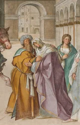 Nef centrale, Première travée nord, Rencontre de Saint Joachim et Sainte Anne à la Porta Aurea, Boccaccio Boccaccino 1514-15, (détail)
