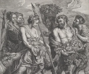 Diane revenant de la chasse, accompagnée de chiens et de ses nymphes à gauche, deux satyres..., vers 1640-59