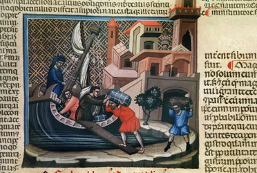 Chargement de marchandises sur un navire, du manuscrit « Justiniano Institutiones Feodorum et Alia », vers 1300