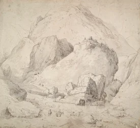 Paysage montagneux avec figure à cheval au premier plan