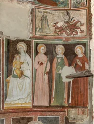 Transept nord, Autel de Saint Michel Archange, Derrière le retable les fresques de Boniface Bembo, Vierge et Enfant Sainte Aquiline et Sainte Catherine d