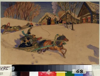 Mardi gras. Des enfants joyeux filent dans des traîneaux tirés par des chevaux, sur la neige, devant le village aux maisons de bois. Les adultes rassemblés les saluent. Œuvre de Boris Mikhailovich Kustodiev (1878-1927)