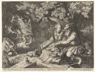 La Mort et Cupidon tirent leurs flèches et un vieil homme courtise une jeune femme
