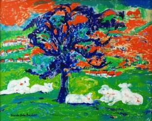 Jeunes taureaux blancs sous un arbre