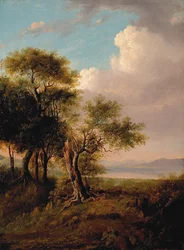 Paysage, arbres au premier plan, lac et collines au loin