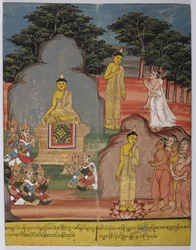 En route vers le parc aux cerfs, Bouddha a rencontré cinq ascètes (centre gauche); au parc aux cerfs, il a prêché le premier sermon.
