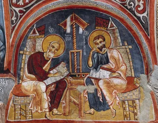 Évangélistes Luc et Matthieu écrivant les Évangiles, Karanlik Kilise (Église Sombre) (12e-13e siècle), Göreme (Liste du patrimoine mondial de l