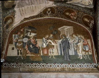 Le recensement, Marie et Joseph devant Hérode le Grand (Mosaïque de 1310-1320)