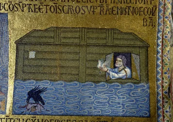 Histoire de Noé : Noé envoyant le corbeau et la première colombe. Détail des mosaïques intérieures de la basilique Saint-Marc, XIe siècle