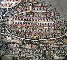 Art byzantin : plus ancienne carte de la Palestine. Détail représentant Jérusalem. Mosaïque du 6ème siècle. Madaba, Église de Saint-Georges