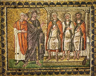 Le Christ devant Caïphe et les grands prêtres, VIe siècle (mosaïque)