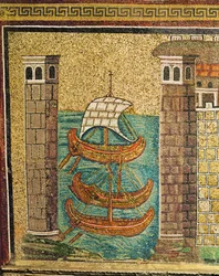 Entrée du port de Classe, tours portuaires et trois navires, détail, VIe siècle (mosaïque)