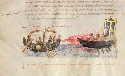 Feu grégeois, fol. 34v du Skylitzès de Madrid
