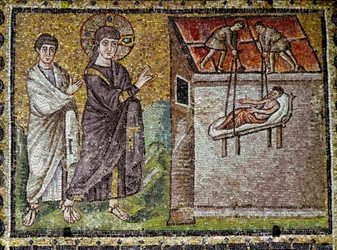 Jésus guérit miraculeusement un paralytique à Capharnaüm. Mosaïque du VIe siècle. Basilique de Sant