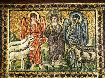 Le Bon Pasteur et deux anges, VIe siècle (mosaïque)