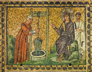 La Samaritaine au puits, Jésus bénissant et un apôtre, VIe siècle (mosaïque)
