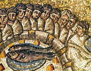 Le poisson et les apôtres, détail de " La Cène ", VIe siècle (mosaïque)