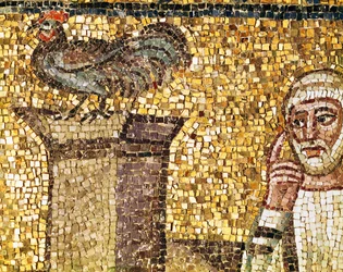 Le coq et saint Pierre qui renie, détail du " Reniement de saint Pierre ", VIe siècle (mosaïque)